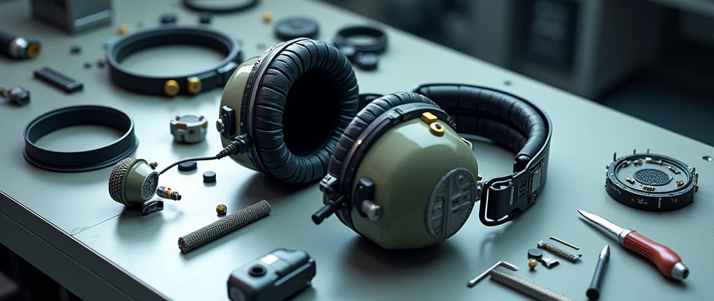 a fully demonstrated aeronautical headset, with all its parts separated on a maintenance table, with tools and equipment used to repair it. all this in high definition and very well organized