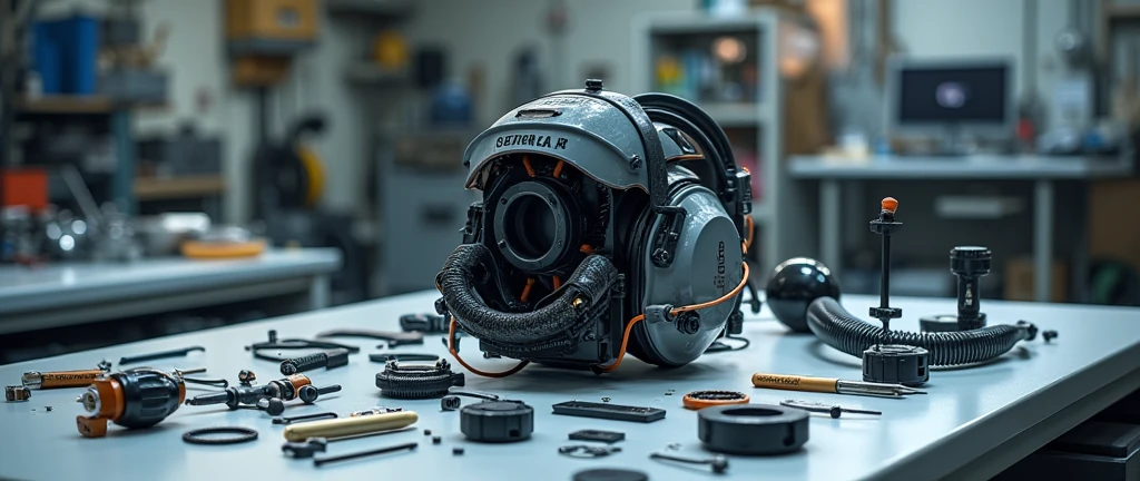 a fully demonstrated aeronautical headset, with all its parts separated on a maintenance table, with tools and equipment used to repair it. all this in high definition and very well organized