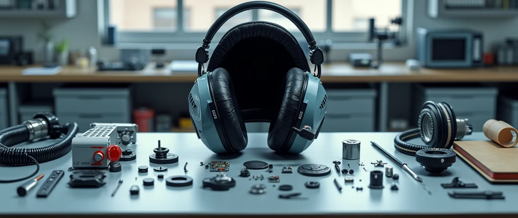 a fully demonstrated aeronautical headset, with all its parts separated on a maintenance table, with tools and equipment used to repair it. all this in high definition and very well organized