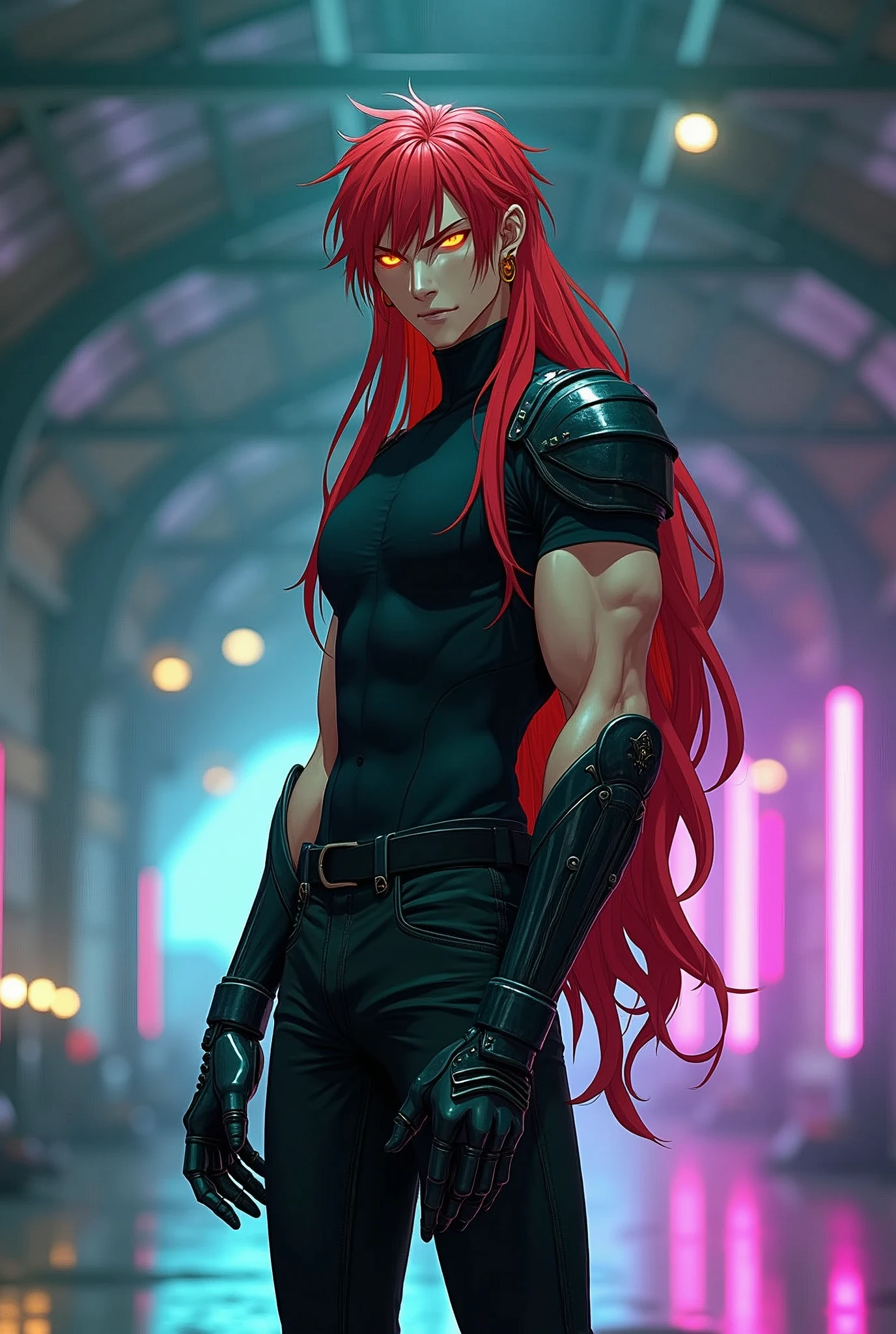 Tall man, long red hair down to the waist, glowing orange eyes, anime style, His, shounen, black second skin t-shirt with shoulder pad on the right shoulder, gauntlets on both hands . cunning look, black leather ankle boots with long shaft. crossed arms. slim athletic body, shape natural, gold hoop earrings. Futuristic airplane hangar background, neon green, purple, pinks, blue, cool colours. Fate/Stay Night, Ufotable, Cowboy Bebop, evangelion, Final Fantasy 7