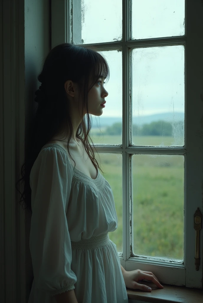A landscape fram
The female model is standing beside window and Cry