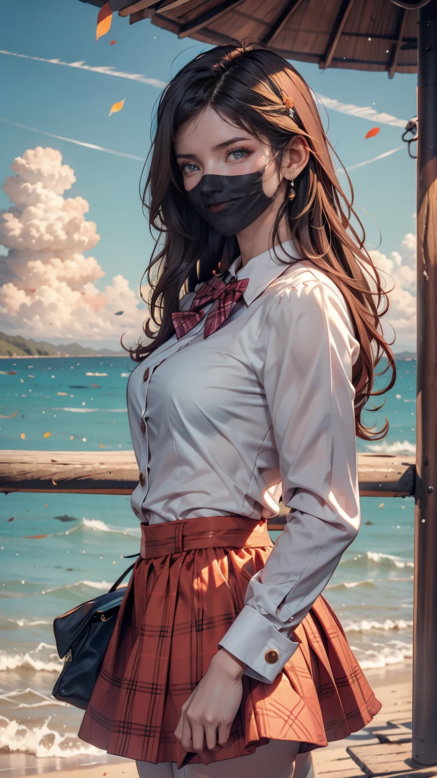 (One person, size), (guitar alone), bubble skirt, aqua shirt, bow, bowtie, button, collared shirt, Expressionless, Eyebrows hidden by hair, fox mask, Cowboy Shot, Long Hair, Long sleeve, mask, multicolored button, Pink Eyes, Pink Hair, orange skirt, Plaid, Plaid shirt, purple bow, purple bowtie, shirt, skirt, alone, very Long Hair, Ocean, Ocean, Beach, cloudy, sunlight, evening, moon, cloud, null, Outdoor, cloudy null, leaf, Remains, Sunbeam, Post-apocalyptic, Side view