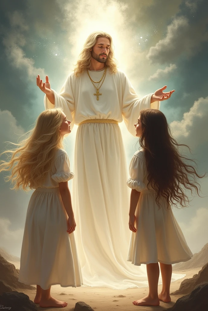 Two girls, one with blonde curly hair and the other with brown hair, listening to God in the form of a person talking to them.