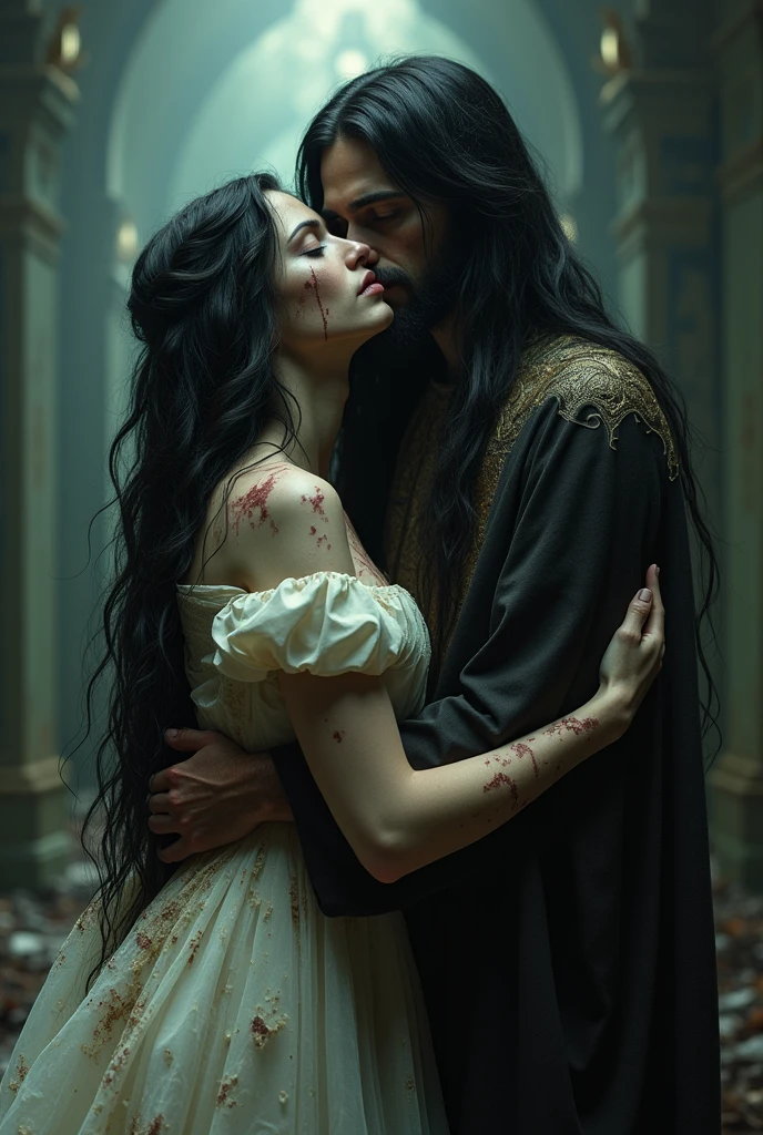 Creates an image of a long black haired woman, skin loss and dressed as a bride embracing Jesus