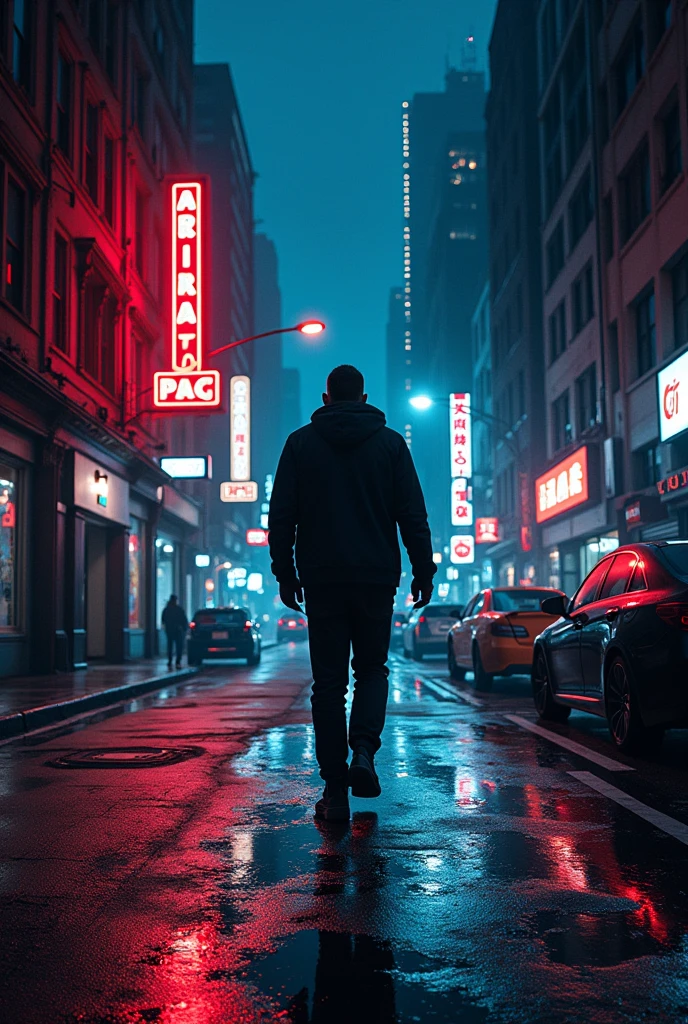 Lonely man walking at night, pop art, neo noir, comic