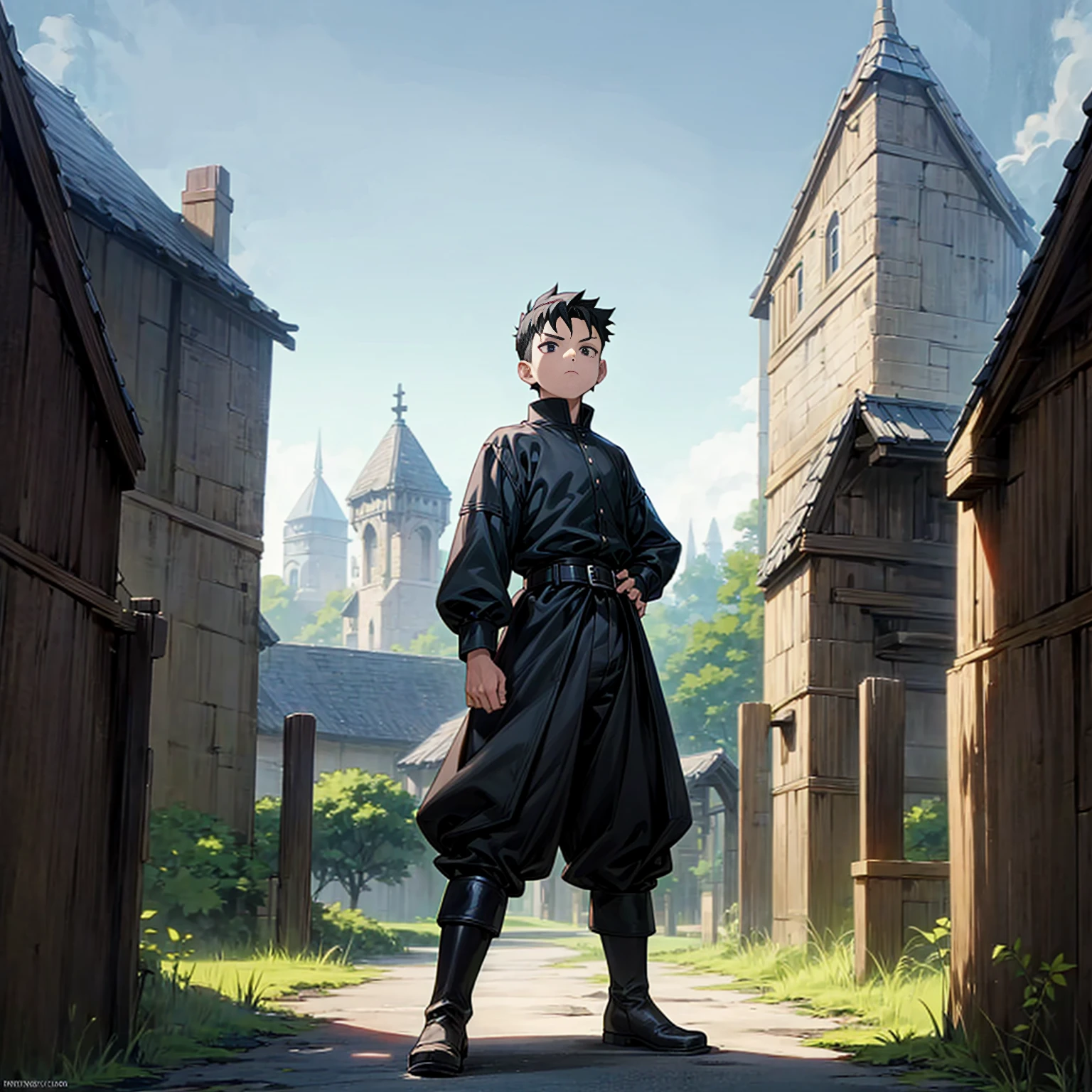 Solo character, full body version, kid boy, black eyes, black color hair, undercut hair, black shirt, black pants, boots, belt, outdoor, village, medieval, morning, standing gesture, detailed background, detailed clothing, detailed hair, (Hunter x Hunter style art)