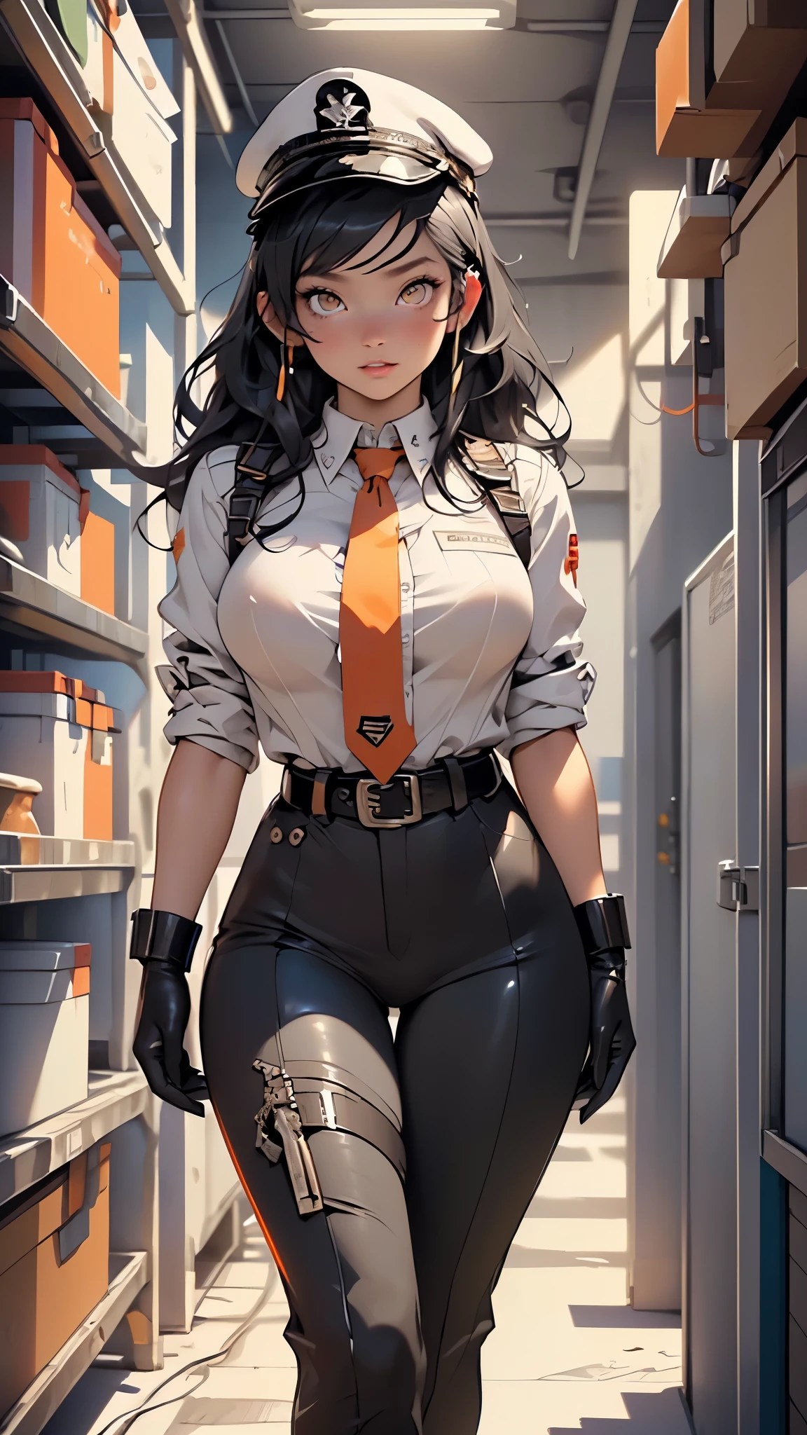 1girl,
(huge breasts:1.4),((((very long hair, black hair)))),(((orange_eyes:1.3))),intricate eyes,beautiful detailed eyes,symmetrical eyes,diamond shaped-pupils,((((lustrous skin:1.5,tanned skin,bright skin: 1.5,skin tanned,shiny skin,very shiny skin,shiny body,Reflective skin)))),(bimbo,spider lower abdomen,narrow waist,wide hip,athletic body,inflated legs,thick thighs,(detailed face)),beautiful detailed lips,
cute,slutty,sensual,seductive look,seductive,((erotic)),opulent,sumptuous,((nsfw)),
((black military cap, suit, orange necktie, black pants)),((headphones)), (black gloves, black pleated skirt, Belt pouch), (aged up),
(dynamic pose:1.3), looking at viewer,happy,centered,scale to fit dimensions,Rule of thirds,
indoor((Nazi bunker,room, dark bunker, swastika,depths of a steampunk bunker)),scenery:1.25,((intricate scenery)),
(Glossy steampunk ornaments),highres,sharp focus,(ultra detailed,extremely detailed),(photorealistic artwork:1.37),(extremely detailed CG unity 8k wallpaper),(((vibrant colors,vibrant theme))),(intricate),(masterpiece),(best quality),artistic photography,(photography taken by sldr),(intricate background),perfect rendered face,perfect face details,realistic face,photo realistic,((intricate detail)),(((realism))),