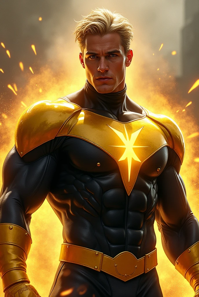 Nuclear man (superpowers, action movie, man, radiation, blonde, costume gold and black. Stylized sun Chest symbol, black cape, cut off sleeves, black arm guards


