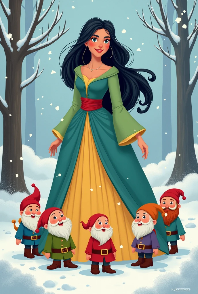 A princess with long black hair and a green, blue and yellow winter dress with a red sash around her waist.
She is accompanied by seven dwarves 