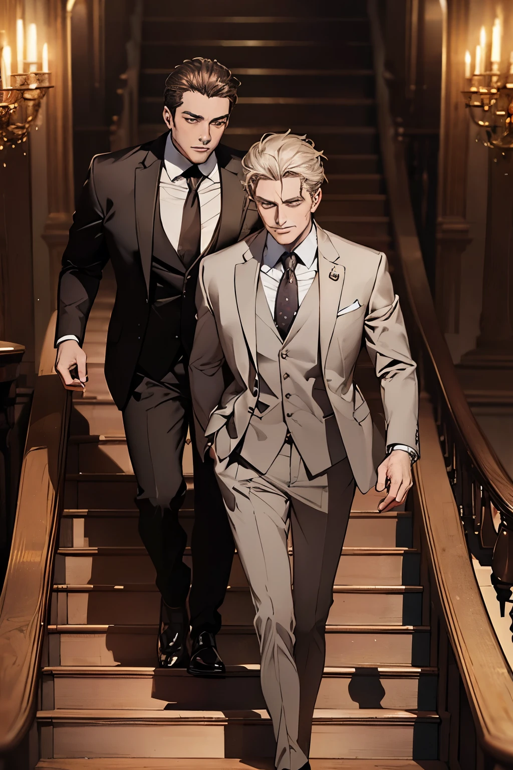 ((best quality)), ((masterpiece)), (detailed), A handsome man in a brown gray suit，A bodyguard in dark clothes，Two people walked up the stairs of the villa to the living room，Perfect face perfect hands