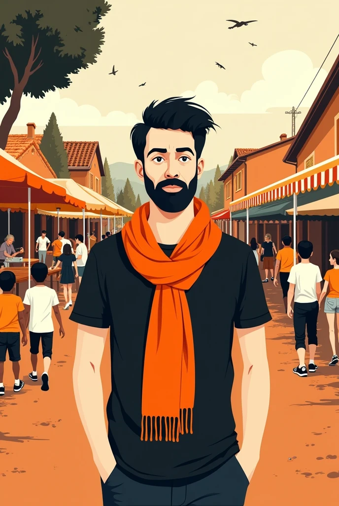 Affiche avec un style simplifié pour promouvoir les fêtes de Baliros. La tenue classique est un t-shirt noir avec un foulard orange fluo.
J aimerais aussi y montrer les activités avec des activités pour des enfants, des concerts et une buvette+restauration
J aimerais donc que tu montres un paysage de village campagnard en fête avec une perspective isométrique montrant ces différentes activités 