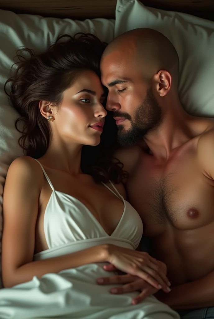 A white Brazilian woman with green eyes in bed with a bald Brazilian man