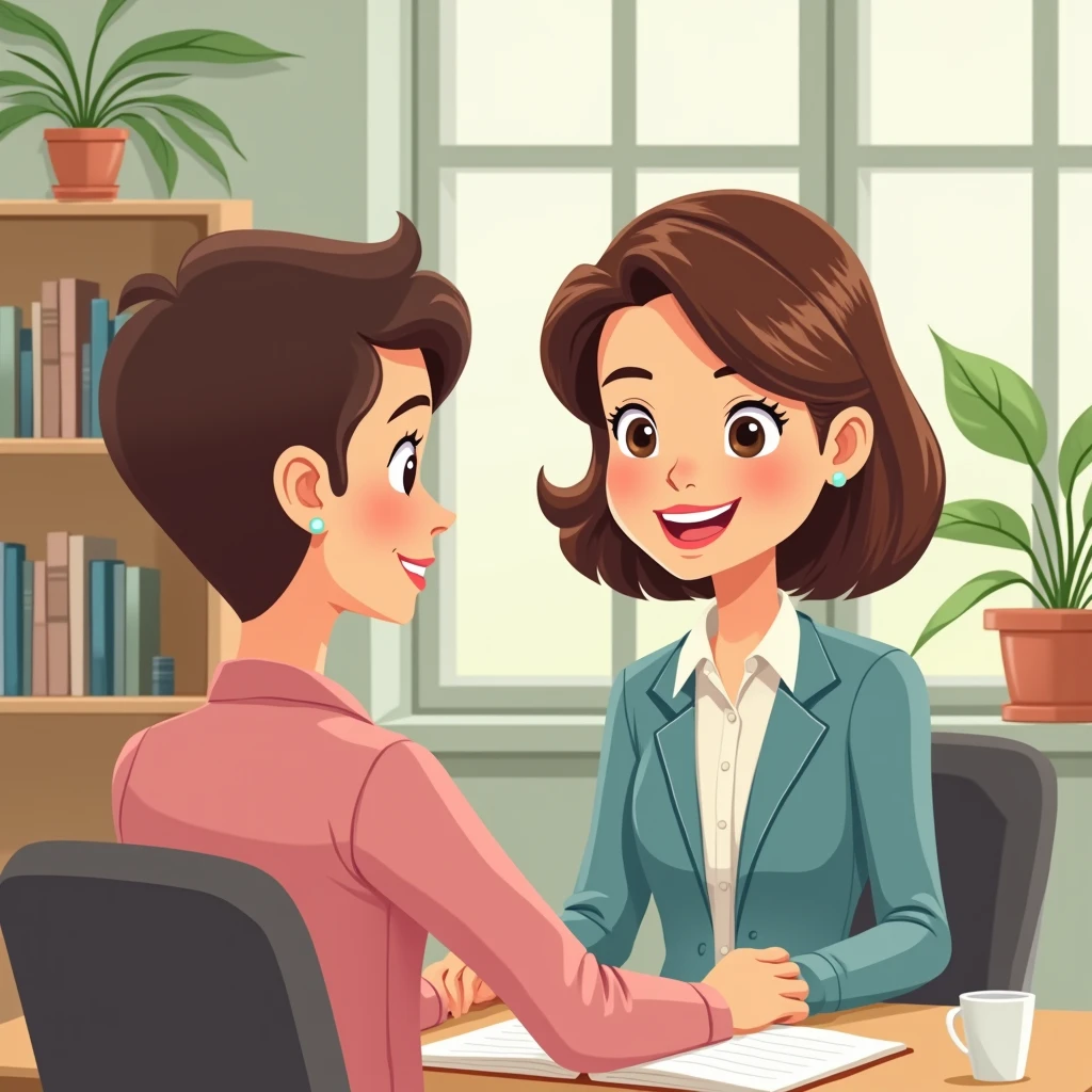 female psychologist from cognitive behavioral psychology animated attending patient cartoon drawing