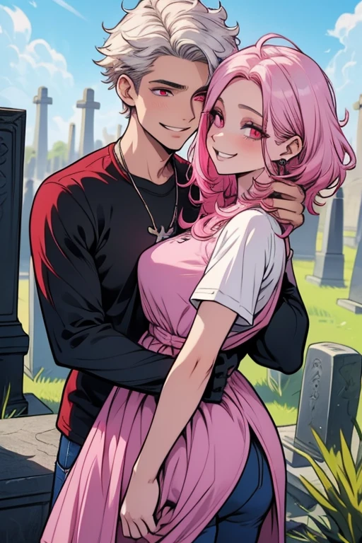 One man. One woman. Perfect faces. Perfect hands. A pink haired woman with violet eyes with an hourglass figure in a summer dress is hugging a young white haired man with red eyes in a t-shirt and jeans in a cemetery with big smiles

