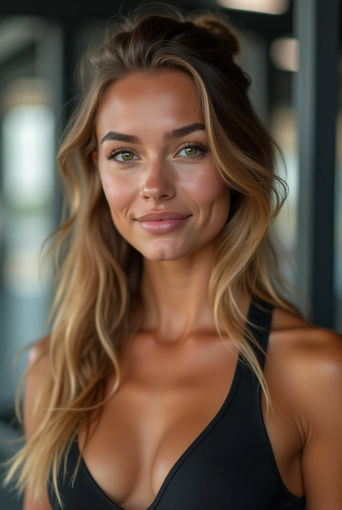 Jeune femme brune de 21 ans photographiée par devant, yeux marrons, (blonde cheveux longs), realistic and Visage détaillé, Belle femme, , Visage détaillé, Beau modèle réaliste, cheveux longs, Corps athlétique, Sexy, Photoréaliste, selfie, 4K, naturelle, peau détaillée, ton de couleur chaude, Photo dans une salle de sport, aucun tatouage, décors détaillé