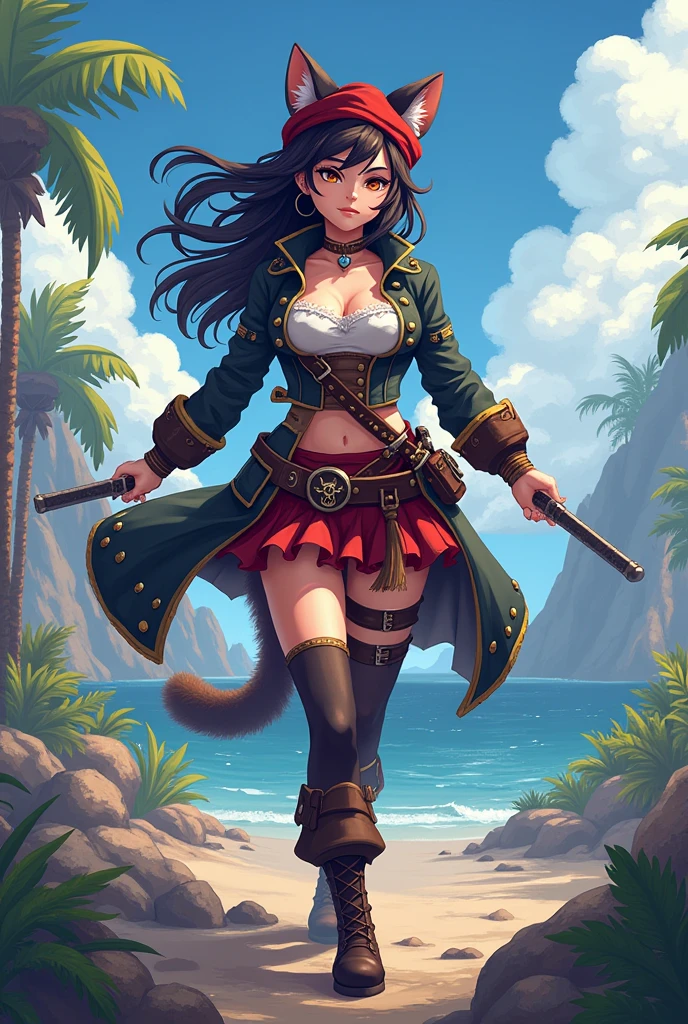 ((female cat pirate)),wearing pirate outfit, drinking a bottle of rum, (looking over a village from a hill), ships in the distant ocean, visible fangs, masterpiece, best quality, (((sketch doodle)))