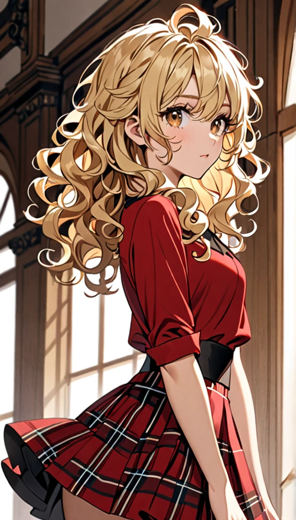 Beautiful and blond, messy styled hair, curly hair, red top, stylish skirts, looking fancy