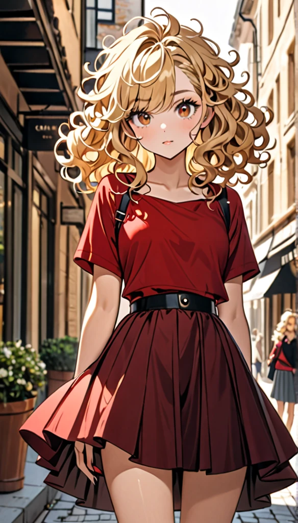 Beautiful and blond, messy styled hair, curly hair, red top, stylish skirts, looking fancy