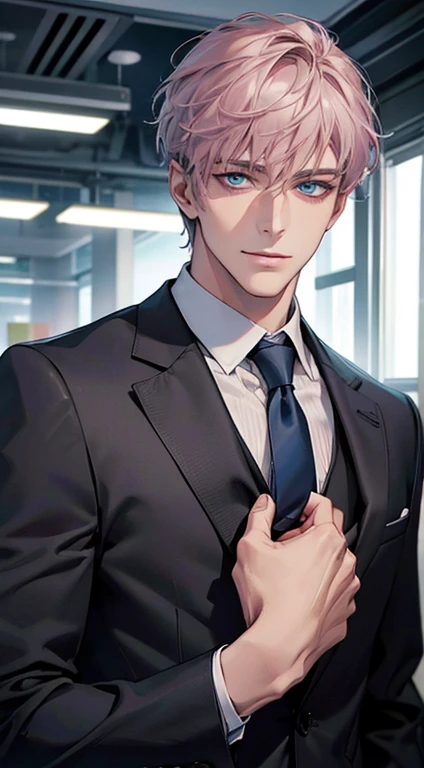 (Highest quality,4K,8K,High resolution,masterpiece:1.2),Super detailed,(Realistic,photoRealistic,photo-Realistic:1.37),1 person,31 years old,Mature Men,Beautiful skin、very handsome,Expressionless,smile,Short gray pink hair,blue eyes,Sharp Eyes,A perfect face without a doubt,Businessman,Office Background,Cinema Lighting,HDR image,tie、