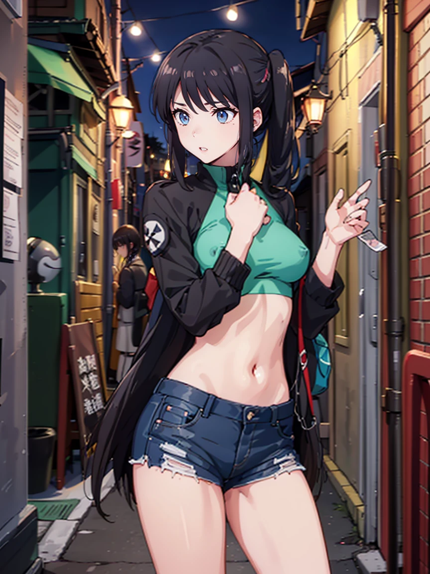 NSFW,(One girl:1.5),natsuiro matsuri,One Side Ponytail,Crop top,Jacket,Shorts,(Perfect hands),(Perfect Anatomy),(masterpiece),(highest quality),Sexually aroused face,blush,Nightlife,Narrow back alley,(aid communication:1.5),(condom:1.0)