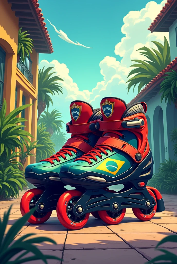 I would like you to create an illustration of inline skates, with the shield of the military captain with the colors of Pernambuco on a Brazilian background designer