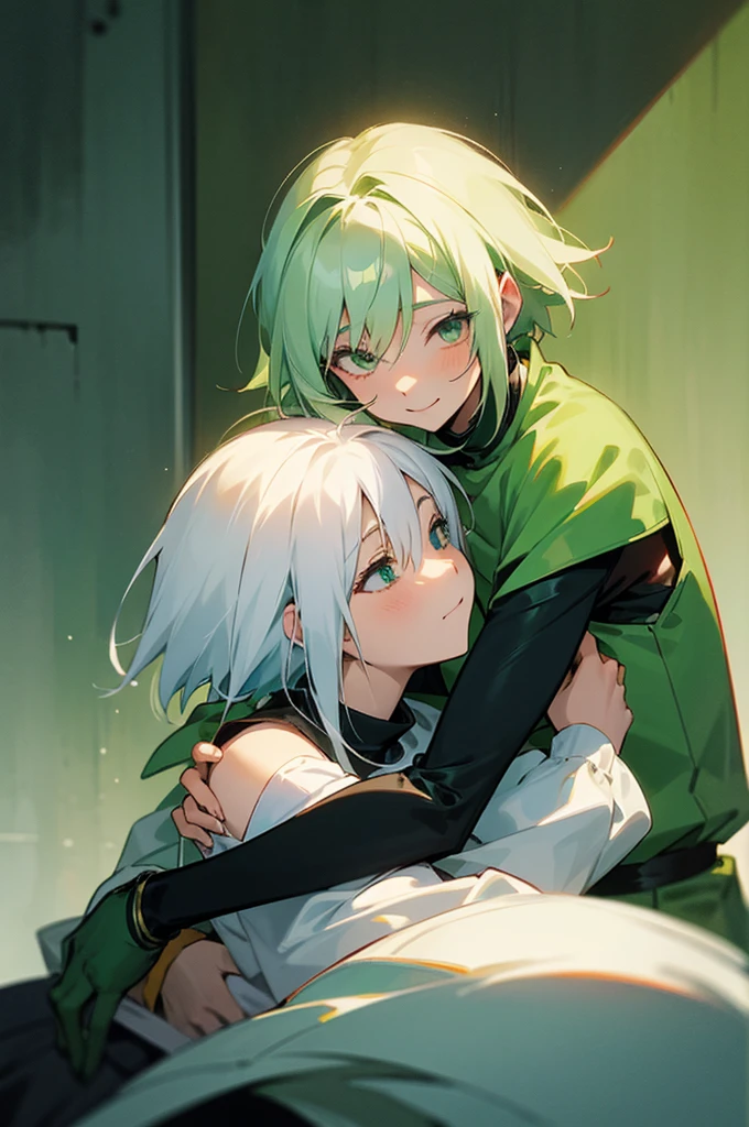 Soft boy with twenty years old,white shortcut hair,green sleepy eyes ,soft smile,sweatshirt