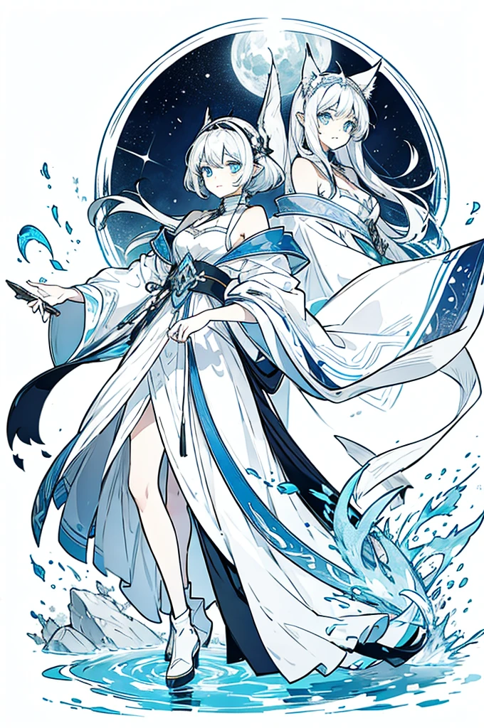 Gray and white shoulder-length short hair，Girl，Blue Eyes，Elf ears，No headdress，No cat ears，Wear a magician's robe，cloak，hood，Long skirt，Boots，full-body shot，front Photo，No background