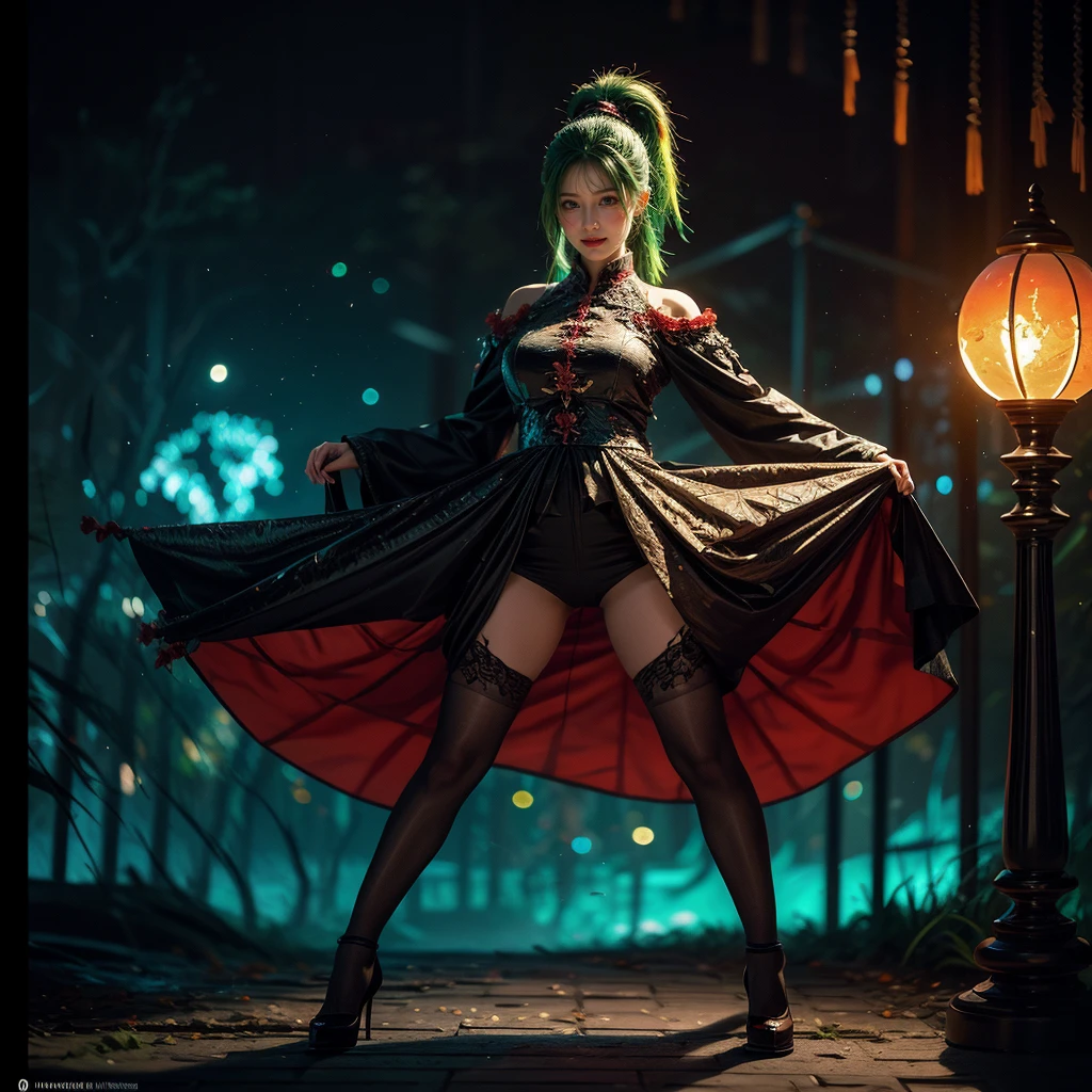 (Full Body of Extremely Detailed Dragon girl) with (Sparkling Red eyes) Blight Green hair in a high ponytail, liquid hair, flowers, (Huge dragon head) in background, 8K TopQuality UltraDetailed Masterpiece of Professional Photo, HDR ultra-fine painting, LifeLike rendering, extreme detail description, professional, Bright colors, bokeh, (Exposed Hourglass Body Shape)