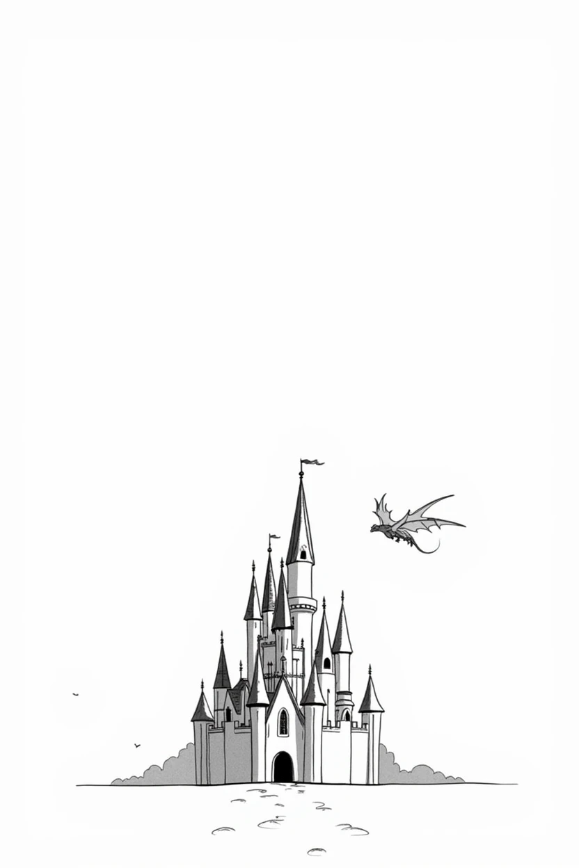 Make a simple draft, only lines, without filling in the drawing, in black and white, A big castle, a smaller dragon flying