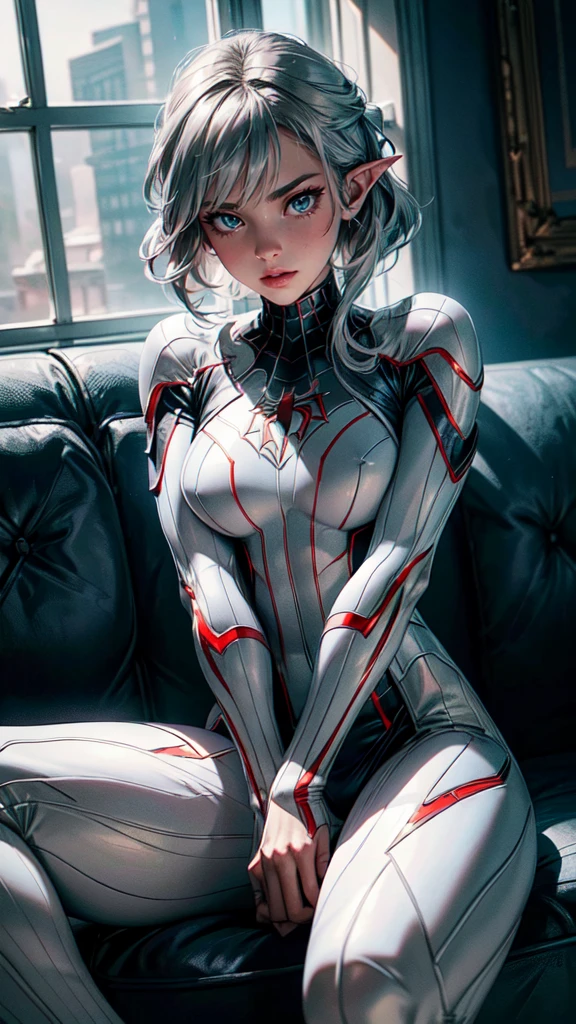 (Extreme Detail CG Unity 8K wallpaper, masterpiece, highest quality), (Exquisite lighting and shadow, highly dramatic picture, Cinematic lens effect), a girl in a white Spider-Man costume, silver gray hair color, from the Spider-Man parallel universe, Wenger, Marvel, Spider-Man, sitting on the couch, dynamic pose), (excellent detail, excellent lighting, wide angle), (excellent rendering, enough to stand out in its class), focus on white Spider-Man costumes, complex spider textures,detailed eyes, detaield hands, detailed face, elf woman, full body

