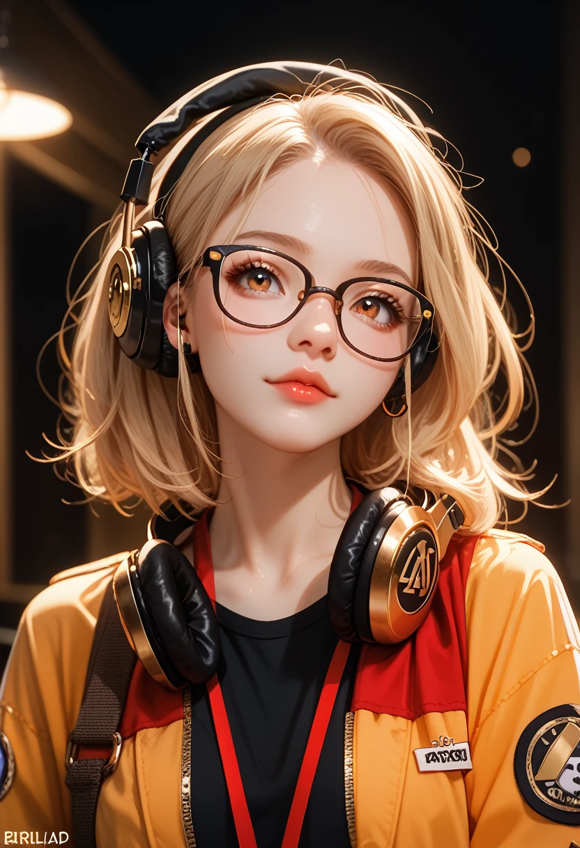 Young woman, Glasses, headphones, logo, avatar, Red with Black, Intertwined, Rope, Small Golden Patches, Clear drawing, bright colors, clear detail