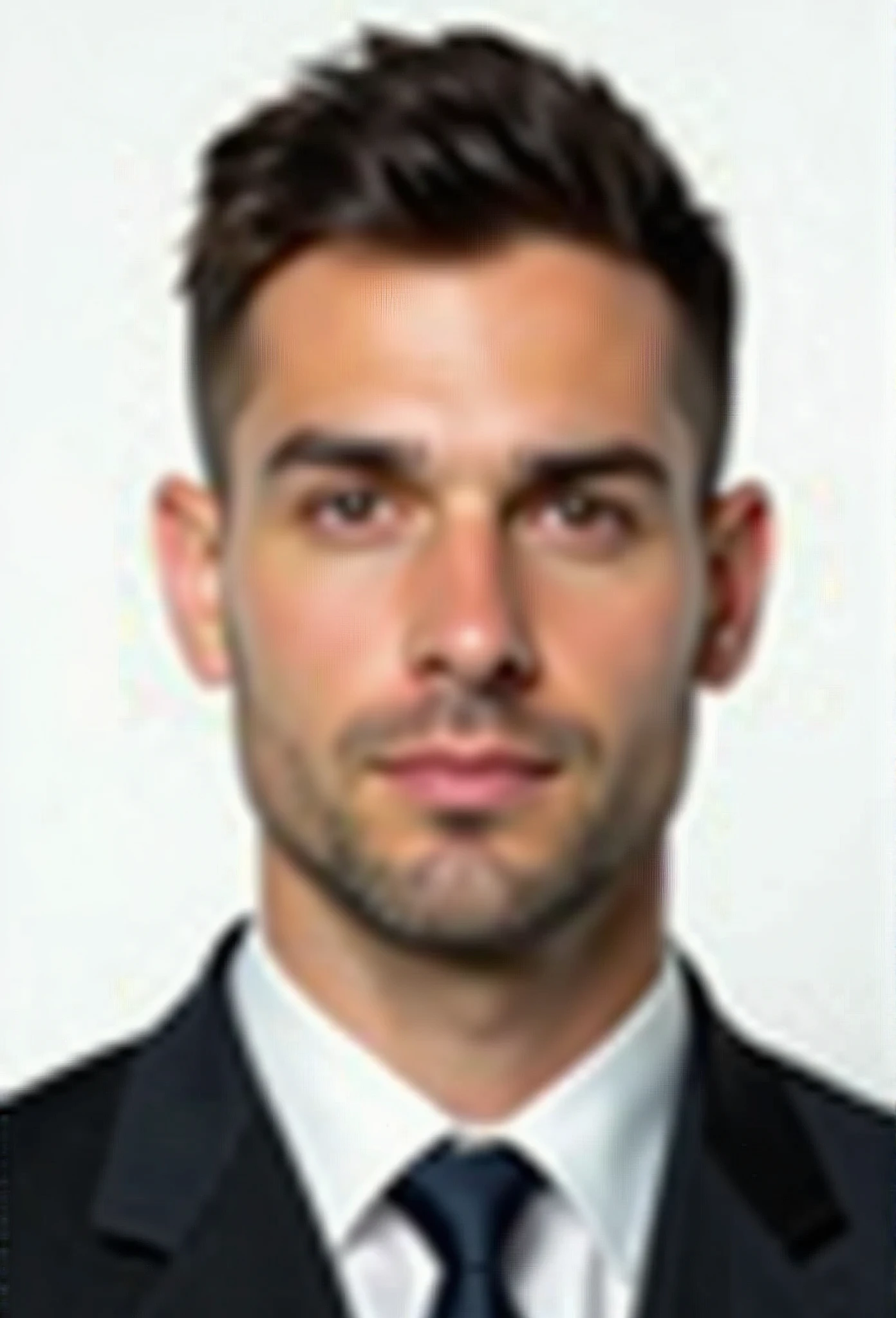 Create a realistic passport-style photo of a man in his 30s, with dark brown hair, a normal build, and light stubble. The man should be wearing a formal suit with a tie, and the background should be plain white, adhering to passport photo requirements. His hair should be very short, with a close-cropped military-style cut where the top is slightly longer and the sides are closely shaved. He should have a neutral expression, without smiling. The image should resemble a real photograph taken in a professional studio.