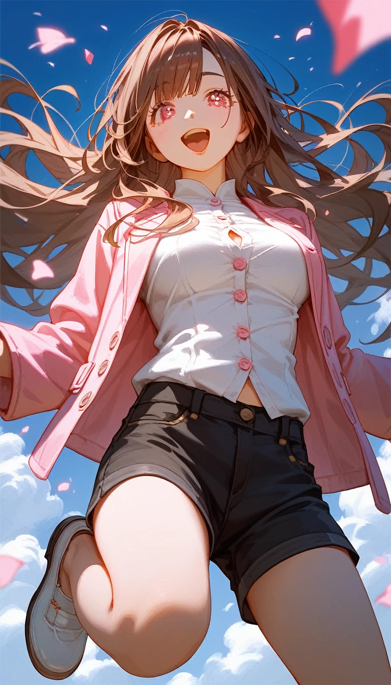 masterpiece, Score_9, Score_8_up, Score_7_up, front view, 1 woman, alone, brown hair, long hair, no bangs, pink eyes, pretty eyes, detailed eyes, open mouth, happy expression, smooth skin, medium breasts, pink jacket cool with open buttons looks white underwear, black shorts, best quality, white shoes.