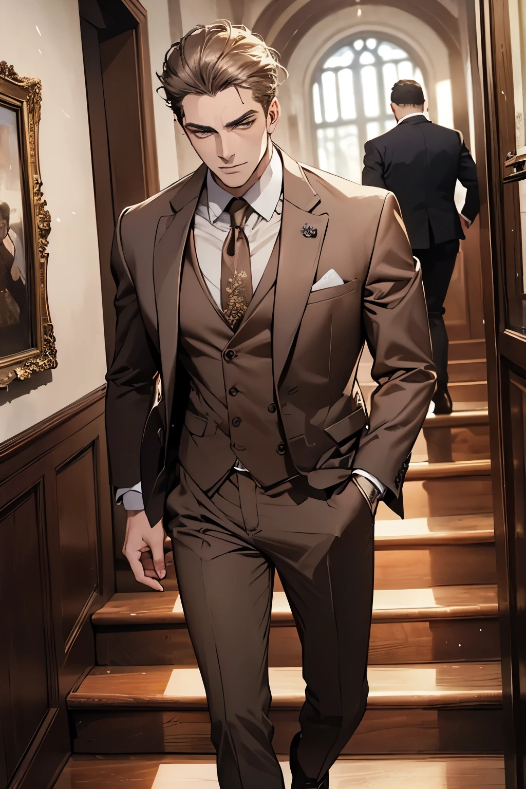 ((best quality)), ((masterpiece)), (detailed), A handsome man in a brown gray suit，A bodyguard in dark clothes，Two people walked up the stairs of the villa to the living room，Perfect face perfect hands