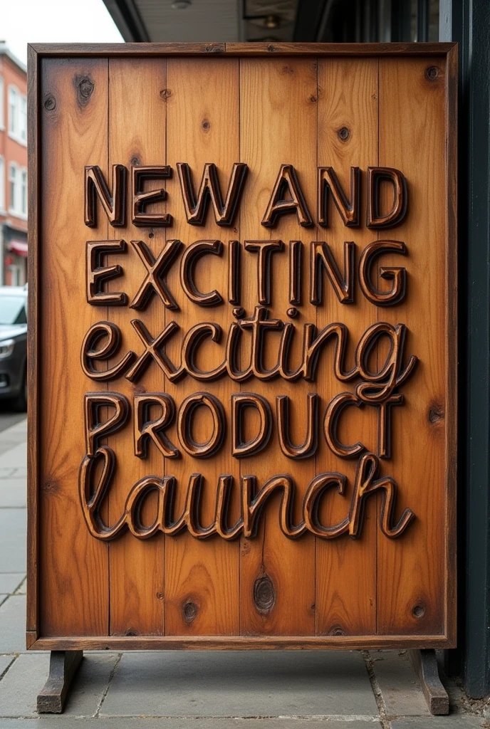 A large eye-catching advertisement featuring a wooden sign facing the camera with the exact words "New and exciting product launch" prominently displayed in a burnt darker colour than the wood. The words are cut out in 3D, bold, and cursive typography, the sign should be exciting as it is a new product launch