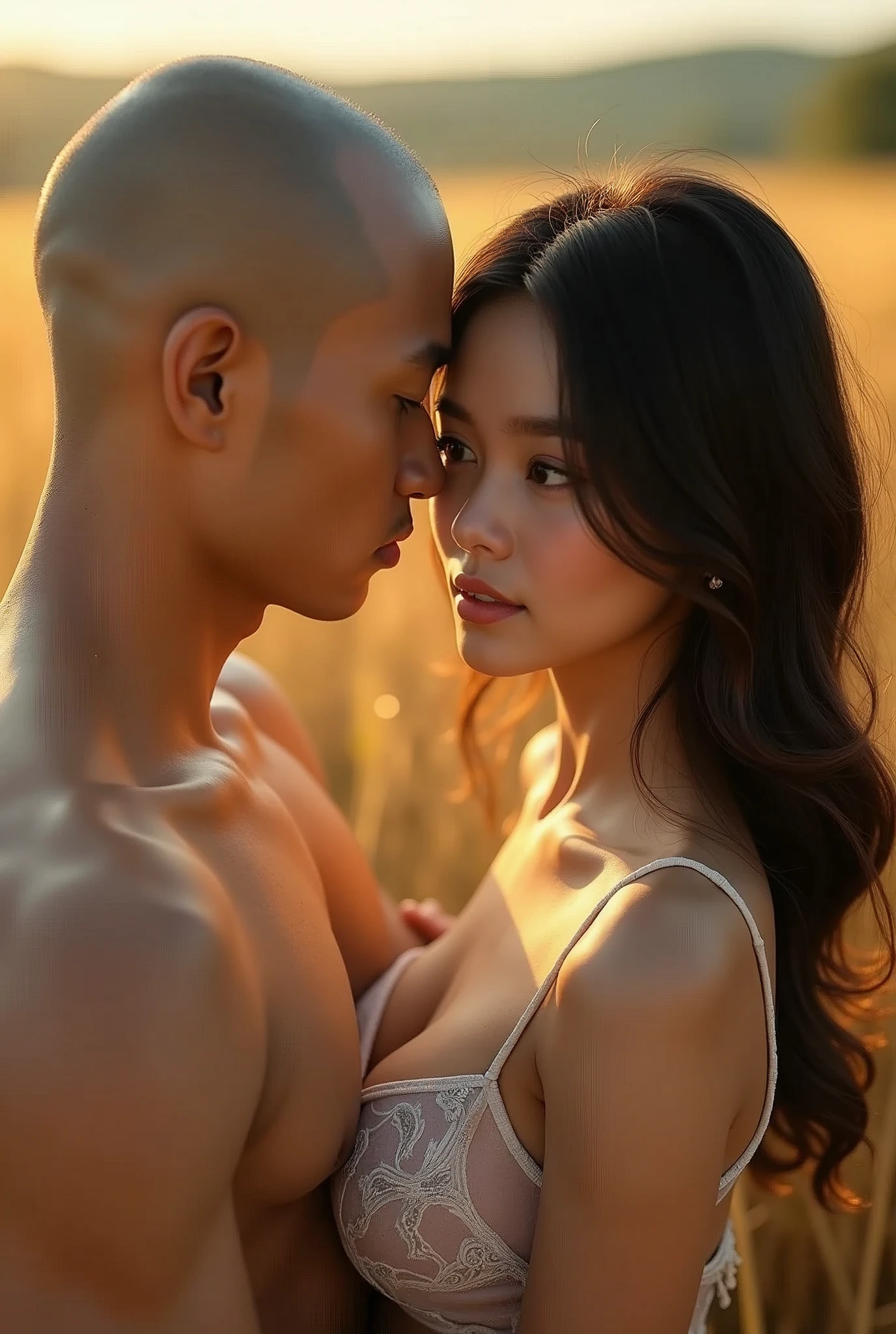 A beautiful Vietnamese girl with sexy breasts, detailed big breasts, detailed beautiful eyes, detailed beautiful lips, detailed long black hair, detailed eyes, extremely detailed face, long eyelashes, detailed eyelashes, intimate moment with boyfriend, girl leaning her head on man's shoulder, Vietnamese man boyfriend, bald head, short hair cut close to head, slightly tanned skin, oval man's face, man wearing glasses, country farm setting, rolling hills, golden sunlight, smooth bright skin, sexy pose, intimate romance, provocative, realistic, 8k, super detailed, masterpiece, dramatic lighting, warm color palette, raw image quality, high quality photo, clear net resolution, (8k, high resolution, RAW image, realistic, realistic: 1.3), (detailed skin texture, detailed fabric texture, detailed water, detailed body texture, face beautiful details: 1.25), professional lighting, photon mapping, beautiful soft light, radiation, physically based rendering, ray tracing, model shooting style, model shooting style, (unity 8k super detailed CG background), full body photo of the world's most beautiful artwork, (8k, high resolution, RAW image, realistic, photorealistic: 1.3), (detailed skin texture, detailed cloth texture, detailed water, detailed trees, detailed textured flowers, detailed leaves, detailed colors, beautifully detailed faces: 1.25), professional lighting, photon mapping, beautiful soft light, radiation, physically based rendering, ray tracing, model shooting style, model shooting style, (unity 8k super detailed CG background), the world's most beautiful full body artwork,