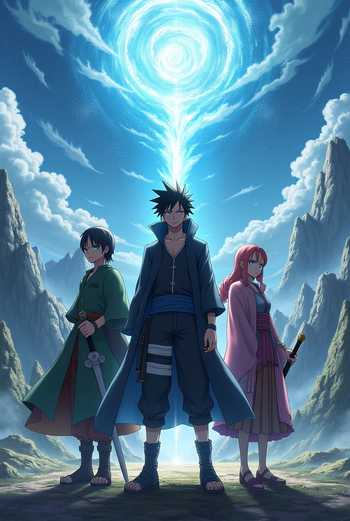 An image with a very epic background and anime characters appearing, Sasuke from the Naruto series, Zoro from the one piece series and Li Syaoran from the Sakura card captor series. Let the 3 characters be appreciated well.