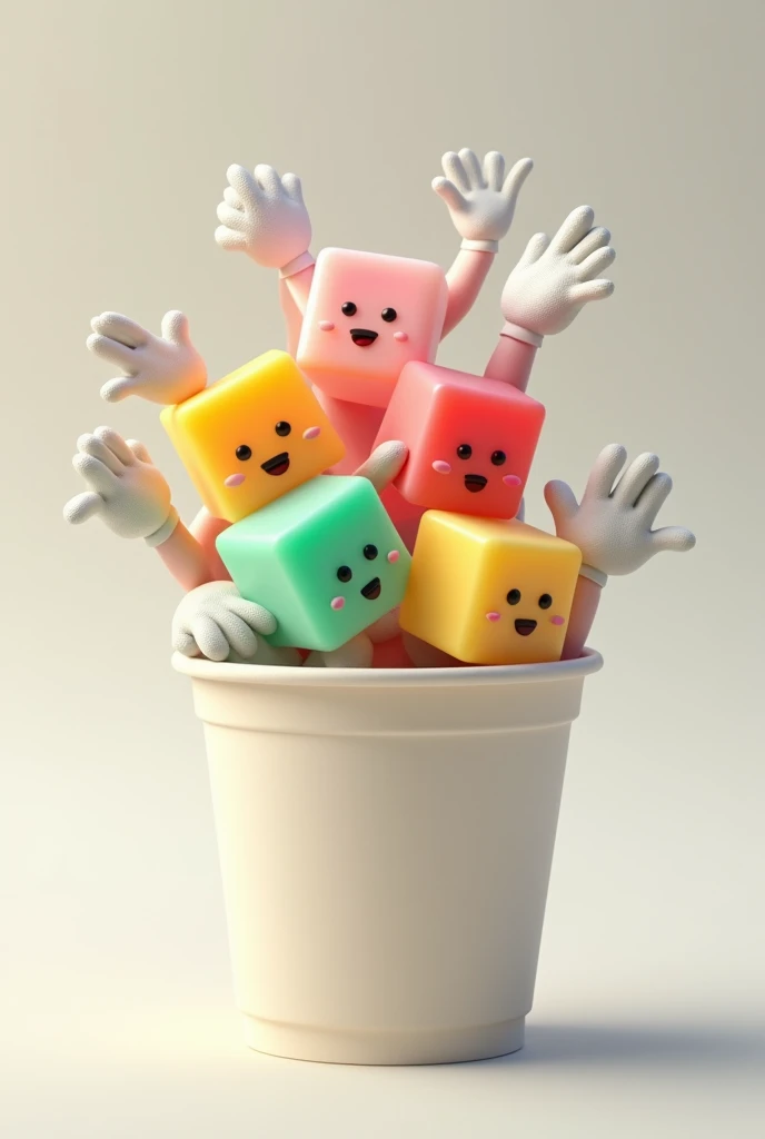 Disposable cup with animated colored gelatin cubes with eyes and hands with white gloves