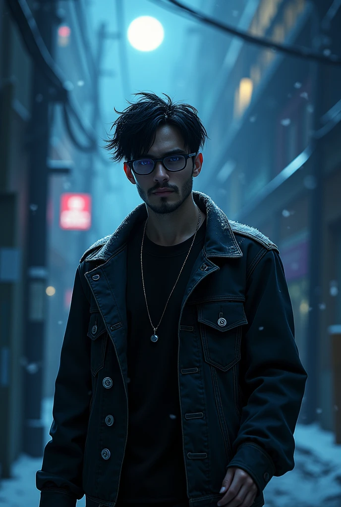 (realistic) (Serious expression from the back, looking at the screen) 1 white adult male with black eyes and bright violet irises, broad shoulders, messy black hair parted in the middle and a short beard. Wearing an open black denim jacket, a black shirt underneath, regular black-framed glasses, and a silver chain around his neck. Walking out of a dark alley in a futuristic city at night with heavy snowfall and blue moonlight.