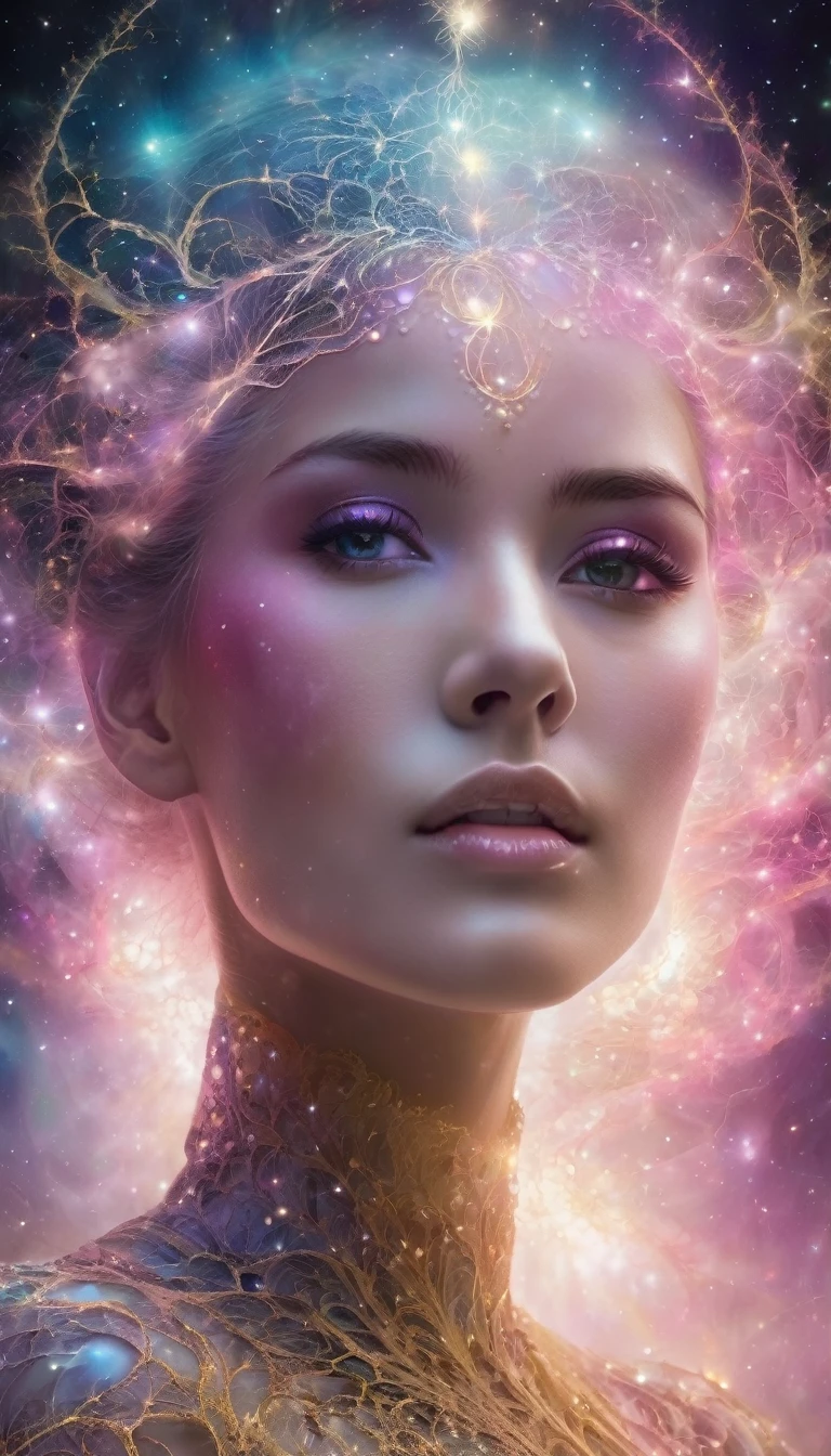 @syntxaibot
Fractal fog pearls, spiral galaxy shape, gradient veins, stains, mystical trees, woman's portrait, stardust, moon, lightning, night fabulous background, fractal, airbrushing, all overlay, white, golden, pink