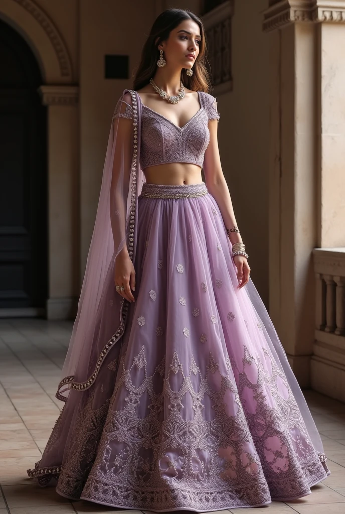 a lehanga, silver beads at the bottom with arching patterns, colour is french lilac #86608E blend with lilac luster, dull colour 