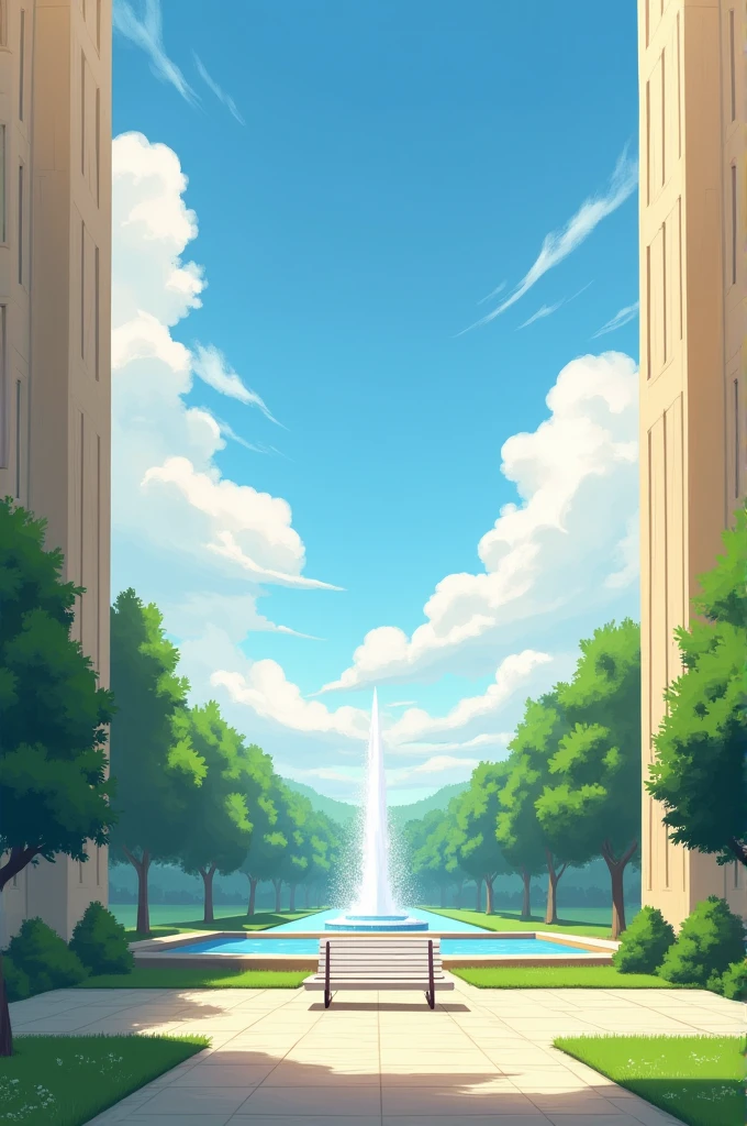 Image of 2 tall building of color beige inbetween space is more. Add a white park bench in middle and add a fountain behind it. The floor should be filled with green grass and add sky blue white in between two buildings 