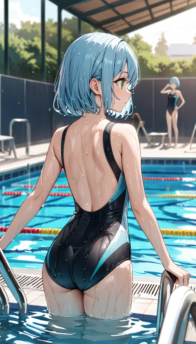 Highest quality、Light blue hair、Short Bob、Deep green eyes、Small breasts,Age 25,Black competitive swimming suit、Poolside、Warm-up exercises、wet hair,hair,from back