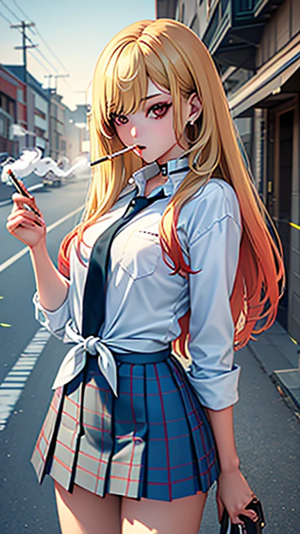best quality, high quality, ultra quality, 8k, masterpiece, detailed, extremely detailed, insanely detailed, ultra detailed, ultra highres ,exquisite,
lifelike Images,cinematic experience,UHD picture,Realistic,photorealistic,hyperrealistic,vivid,RAW photo,shot by DSLR, One girl, (Smoking a cigarette:1.3),masterpiece, best quality, highres, kitagawa marin, 1girl, blonde hair, long hair, multicolored hair, red eyes, jewelry, earrings, piercing, school uniform, white shirt, tied shirt, black choker, blue necktie, plaid skirt, standing, cowboy shot, outdoors,