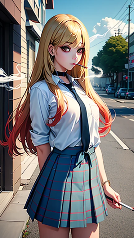 best quality, high quality, ultra quality, 8k, masterpiece, detailed, extremely detailed, insanely detailed, ultra detailed, ultra highres ,exquisite,
lifelike Images,cinematic experience,UHD picture,Realistic,photorealistic,hyperrealistic,vivid,RAW photo,shot by DSLR, One girl, (Smoking a cigarette:1.3),masterpiece, best quality, highres, kitagawa marin, 1girl, blonde hair, long hair, multicolored hair, red eyes, jewelry, earrings, piercing, school uniform, white shirt, tied shirt, black choker, blue necktie, plaid skirt, standing, cowboy shot, outdoors,