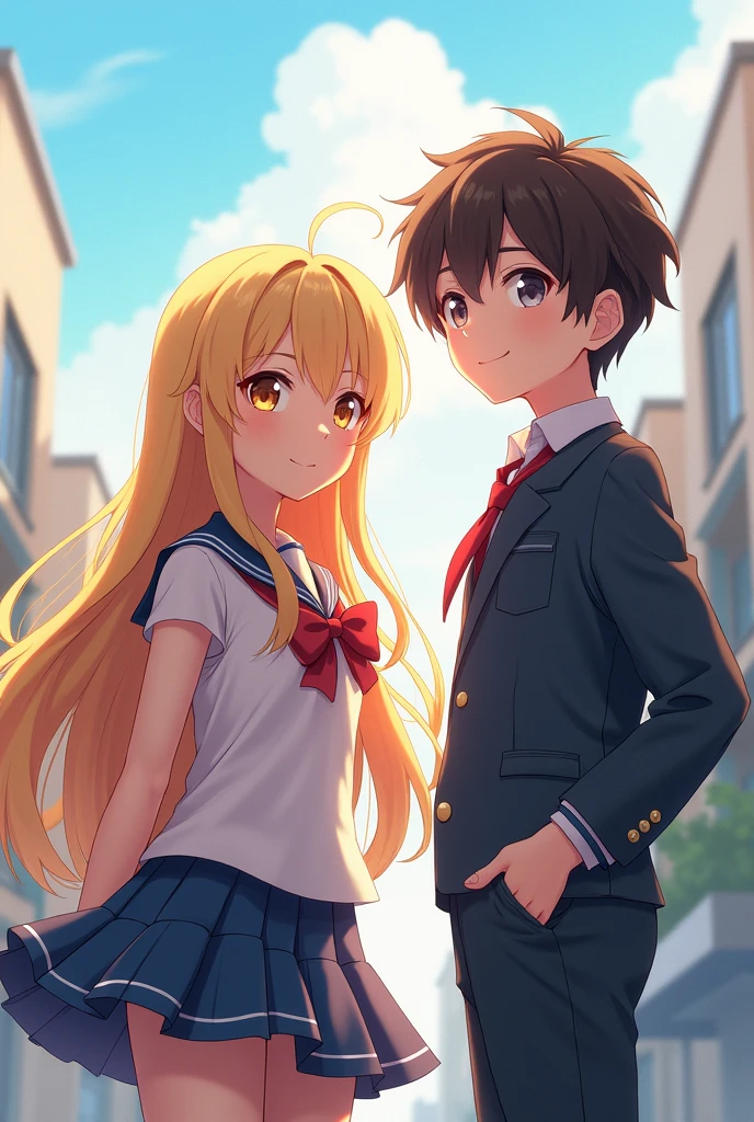(1 girl: 1.3), (anime boy: 1.3), (standing together: 1.3), (big eyes: 1.2), splash art anime Lolita, blonde anime girl with long hair, (brunette anime women with short hair: 1.5), smooth anime CG art, animation art wallpaper 8k, 4k comic wallpaper, (big boobs: 1.3), (big boobs: 1.3), (in school uniform: 1.3)