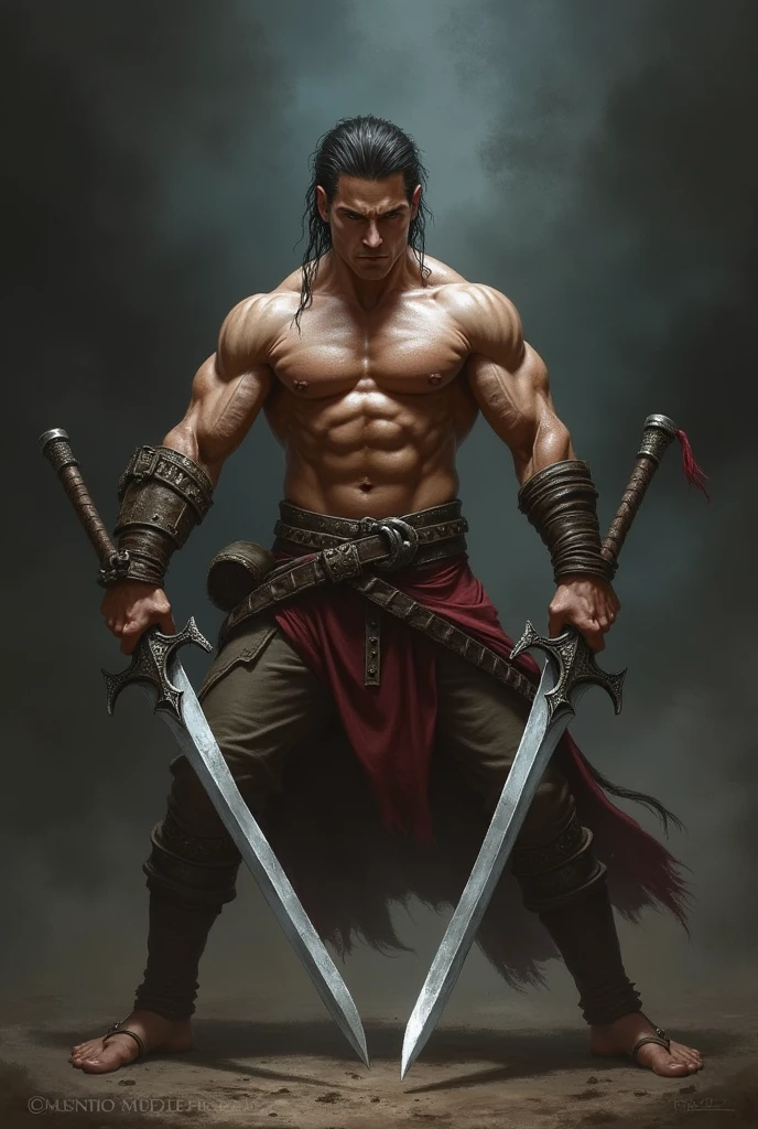 muscular hot man, No armor, two swords