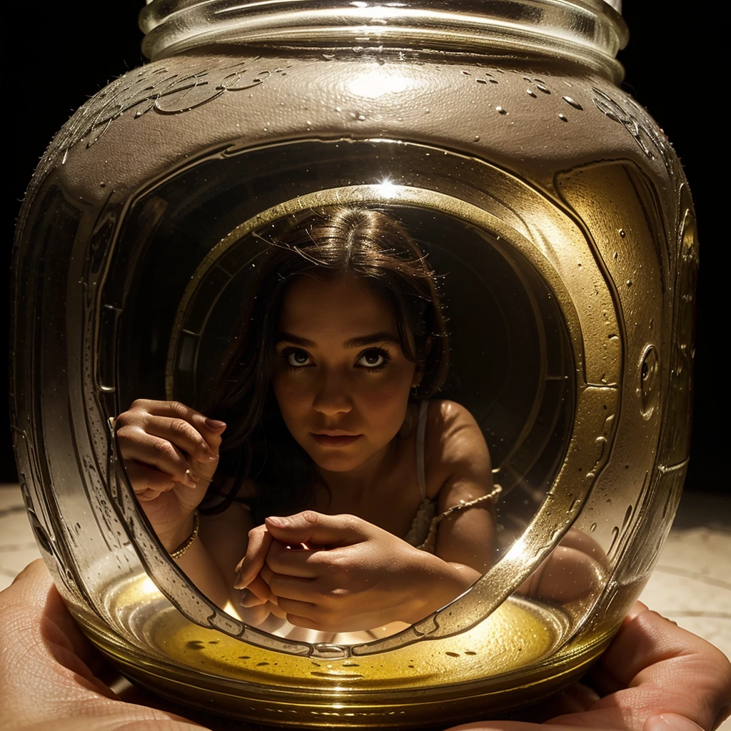 a small fairy woman trapped in a glass jar, an enormous woman holding the jar in the palm of her hand, fantasy world, beautiful fairy, highly detailed woman