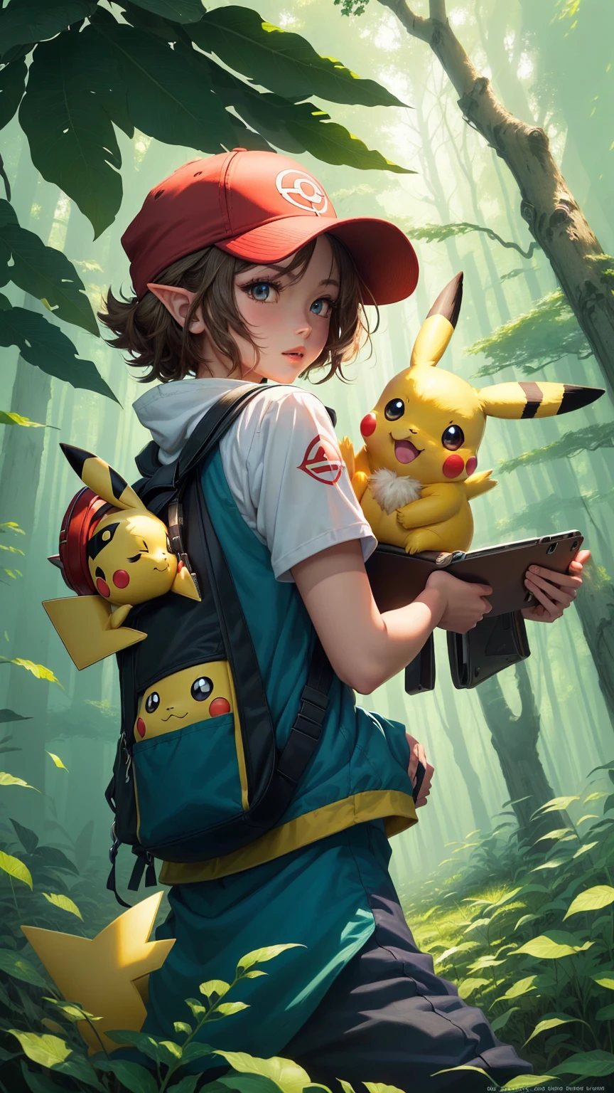 Pokemon is sitting in the woods,Holding a Pokemon toy in hand, pikachu in a forest, Illustration Pokemon, a pikachu in a forest, Elf art style, anime lush john 8k woods, pokemon trainer, Wild Pokémon, Elf anime style, Ash, High-quality fanart, Official Art, Detailed fan art, Available for Pokemon Red and Blue, Anime pictures, high detailed Official Artwork