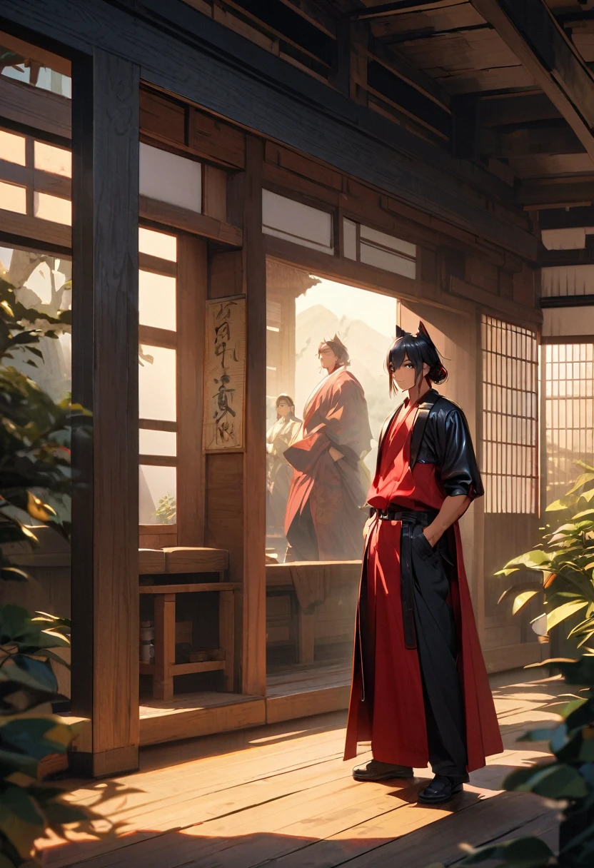 a hybrid ethereal character from the donghua "Tian Guan Ci Fu", with the appearance of a 24-year-old man, black cat ears, slightly messy black hair falling near the eyes, dark red eyes, tanned skin, moderate muscle build, wearing black and red robes accompanied by a black leather jacket, standing with hands in pockets of black jeans, looking to the right, in a traditional Japanese hot spring house setting, highly detailed and realistic rendering capturing nuances of character expression, textures, and interplay of light and shadow